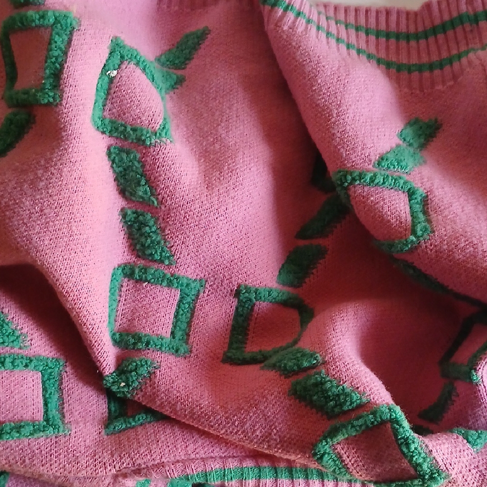 Woman Autumn Winter New Loose Knitted Pink and Green Cardigan Sweater.